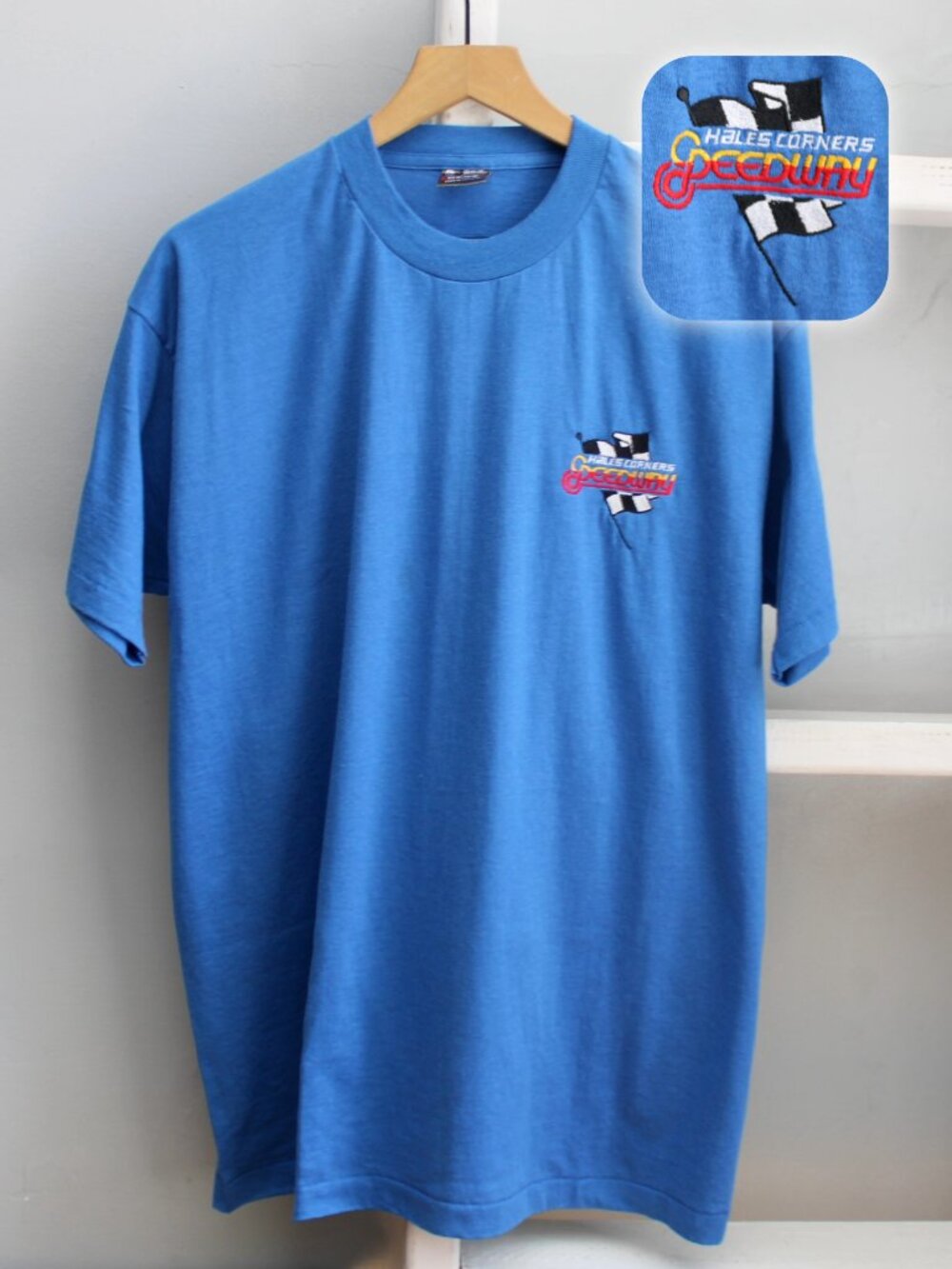 Hales Corners Speedway VTG Blue Embroidered Best Fruit of the Loom TShirt sz XL